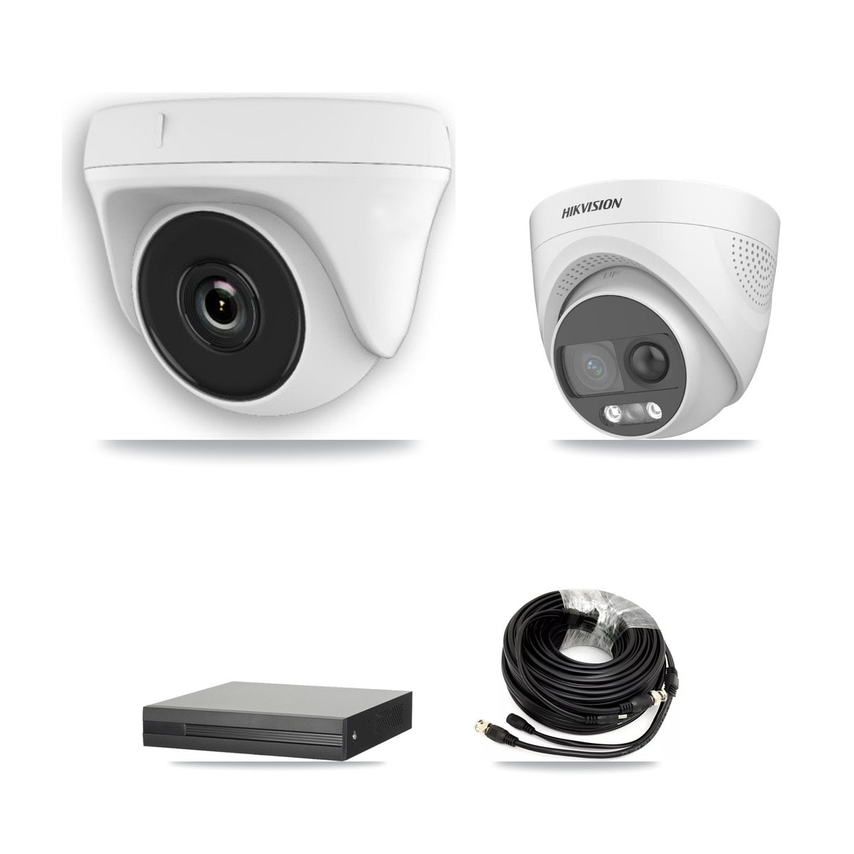 Hikvision 4-Channel 2MP – 5MP CCTV Kit — 1 DS-2CE72KF3T 5MP Turret + 3 White HDT-2MP-N20W 2MP Dome Cameras + 3TB Recording (XVR-3104HS Recorder)