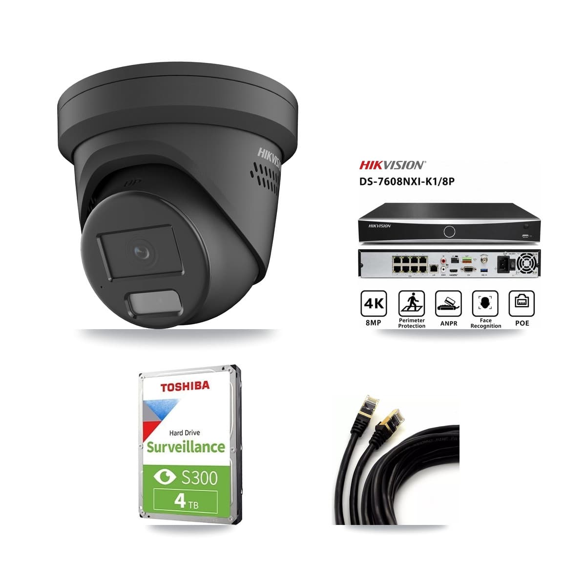 Hikvision 8-Channel 4MP CCTV Kit — 3 Black Turret Cameras + 4TB Recording (DS-7608NXI Recorder)