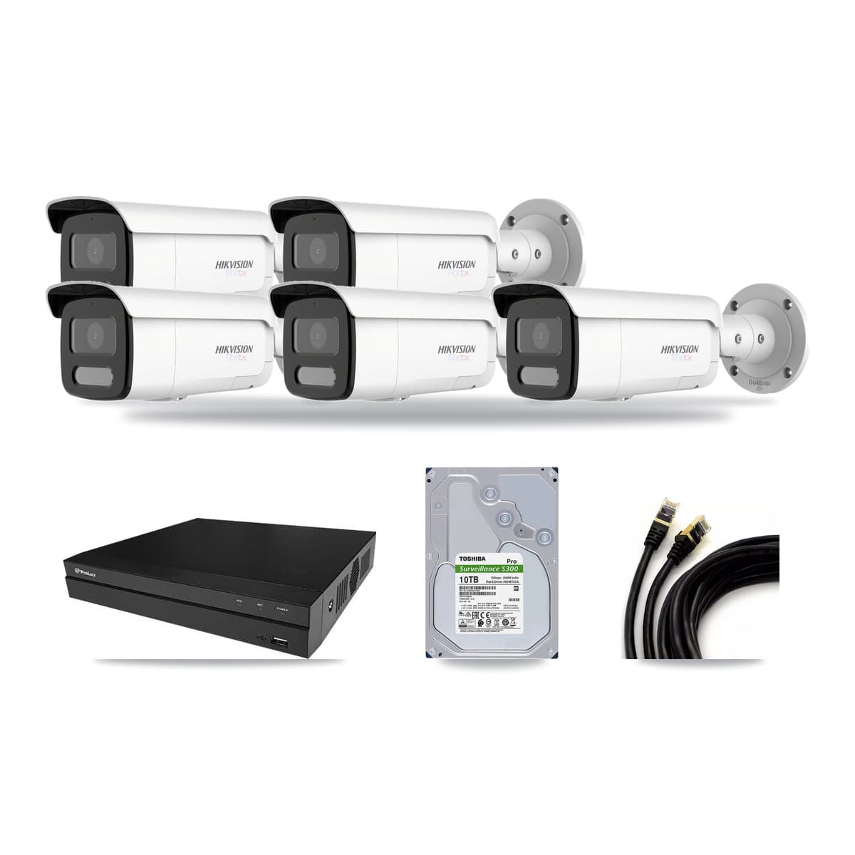 Hikvision & Prolux 8-Channel 4K CCTV Kit — 5 White Bullet Cameras + 10TB Recording - Image 1