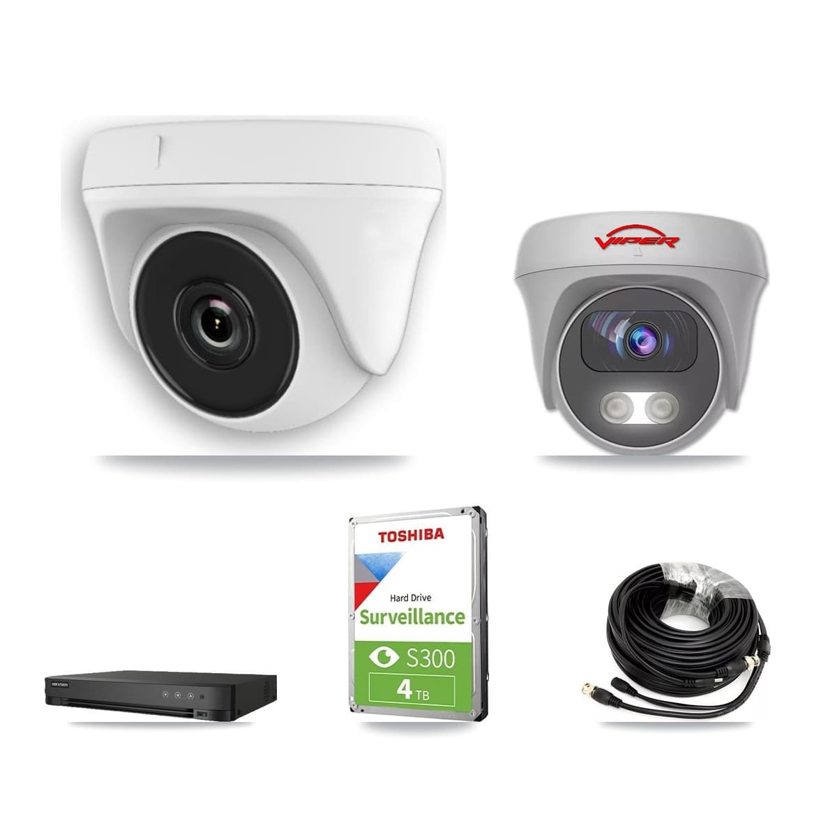 Viper & Hikvision 8-Channel 2MP – 5MP CCTV Kit — 4 White HDT-2MP-N20W-2.8MM 2MP Dome + 1 White VIPER-5MP-3K-AOC-WHITE-2.8MM 5MP Cameras + 4TB Recording (IDS-7208HUHI-M1/E Recorder)