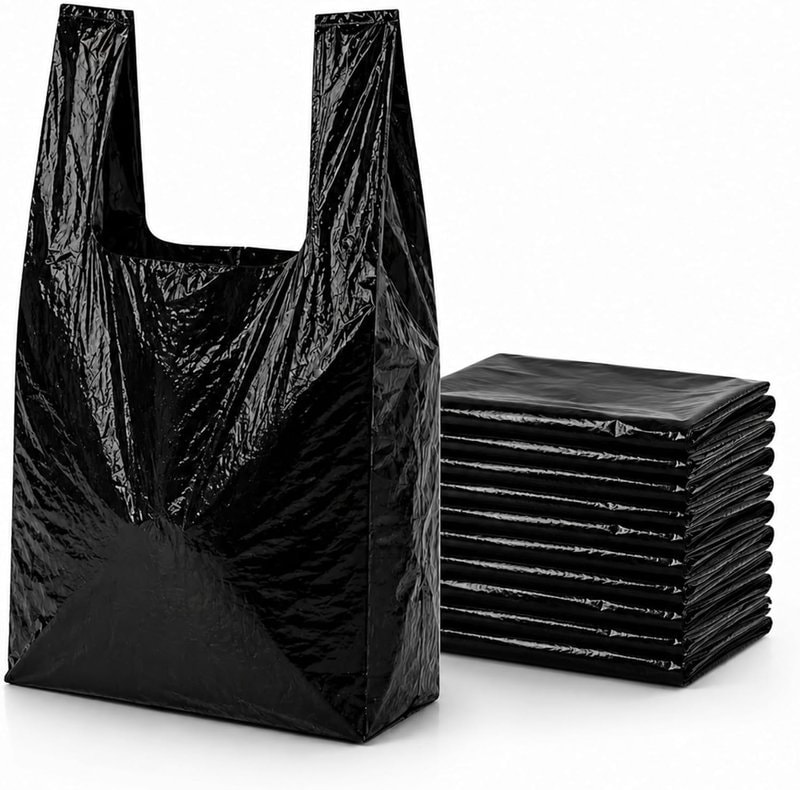 Black Heavy Duty Plastic Carrier Bags – Size Jumbo 12x18x23 – Strong Vest Handle Shopping Bags | Multipurpose Retail, Grocery & Takeaway Packaging | Eco-Friendly 100% Recycled