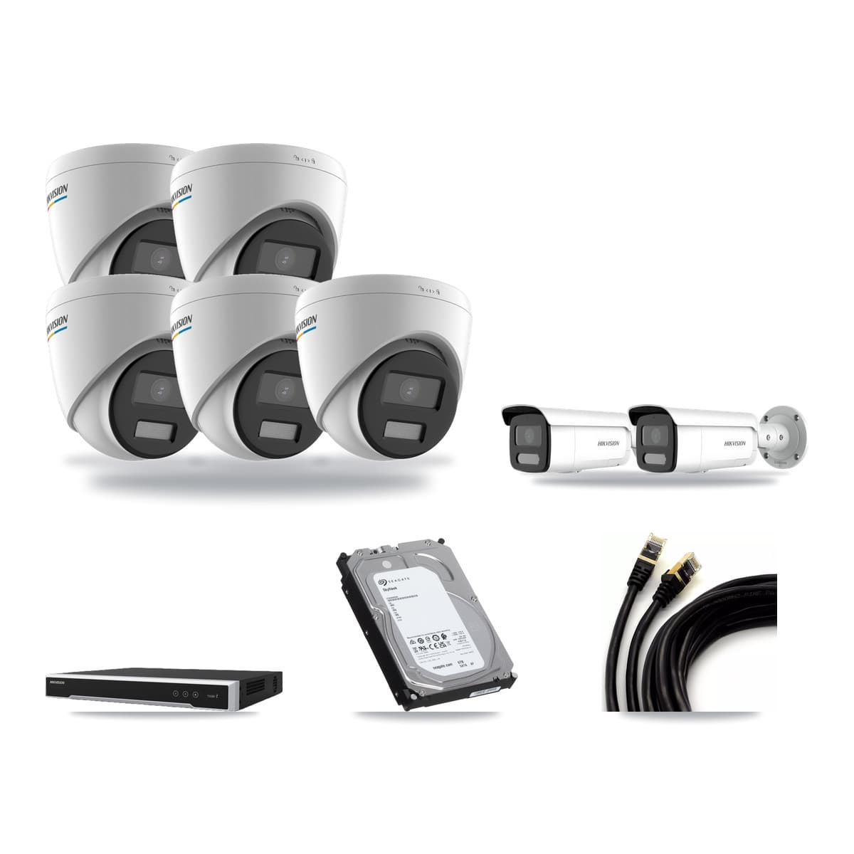 Hikvision 8-channel CCTV kit: 7 cameras (5× 2MP Turret + 2× 4MP Bullet), 6TB hard drive