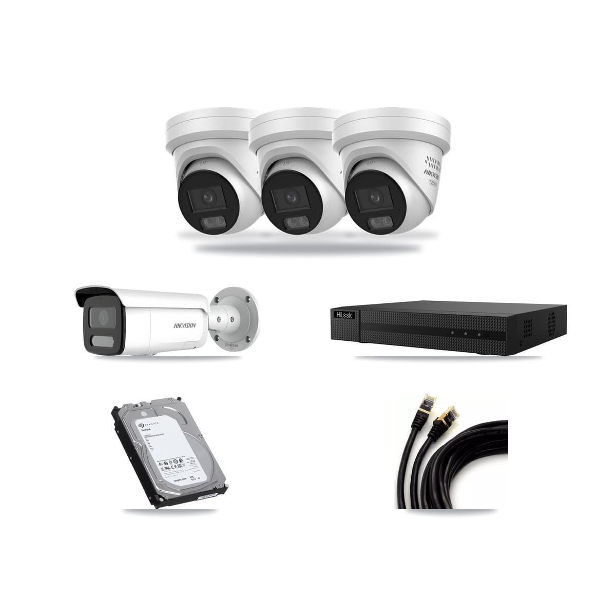 Hikvision & HiLook 8-Channel 4MP CCTV Kit — 3 DS-2CD2347G3 Turret + 1 DS-2CD2T47G2H Bullet Cameras + 6TB Recording (NVR-108MH-D Recorder) - Image 1