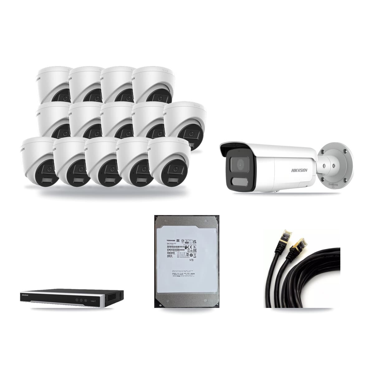 Hikvision 16-Channel 4MP CCTV Kit — 14 DS-2CD1343G2 Turret + 1 DS-2CD2T47G2H Bullet Cameras + 14TB Recording - Image 1
