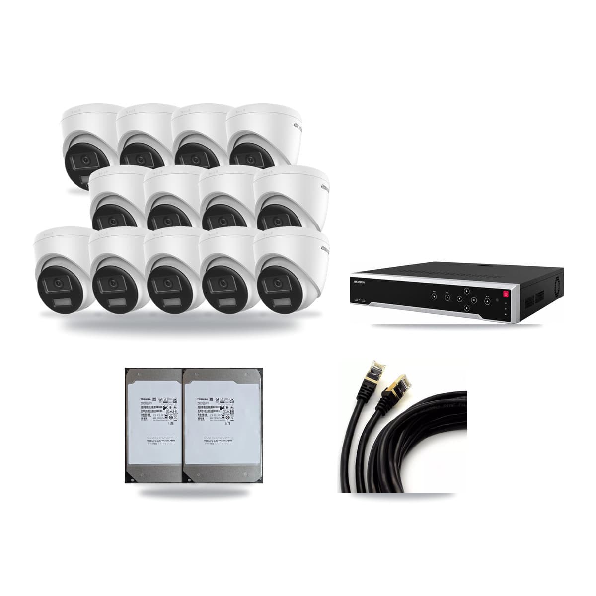 Hikvision 32-Channel 4K CCTV Kit — 13 DS-2CD1383G2-LIUF/SL Turret Cameras + 2× 14TB Recording (DS-7732NI-M4/24P Recorder) - Image 1