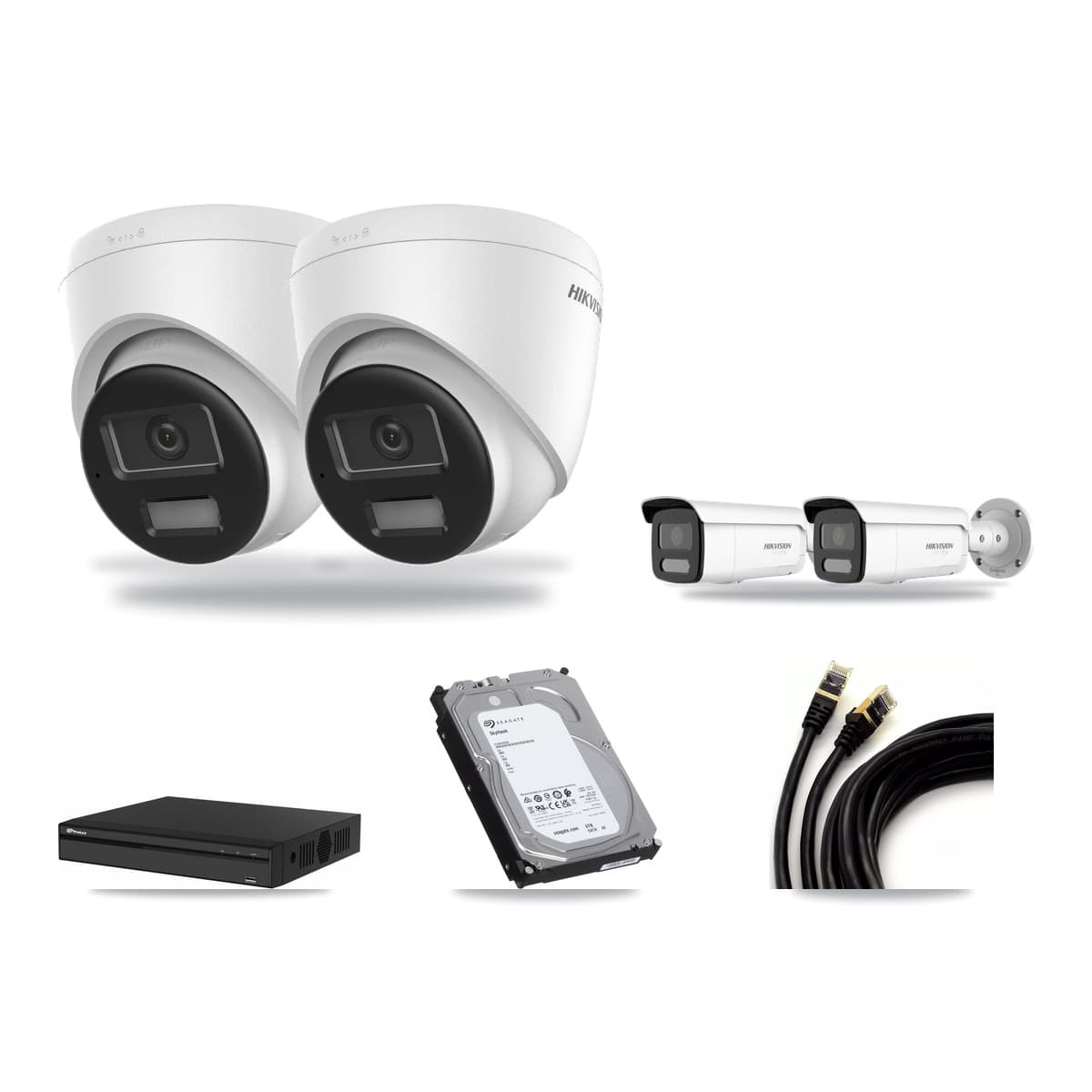 Hikvision & Prolux 4-Channel 4K CCTV Kit — 2 DS-2CD1383G2-LIUF/SL Turret + 2 White DS-2CD2T87G2H-LISU/SL-2.8MM-W Bullet Cameras + 6TB Recording (PXN-2104HS-4P-4K Recorder) - Image 1