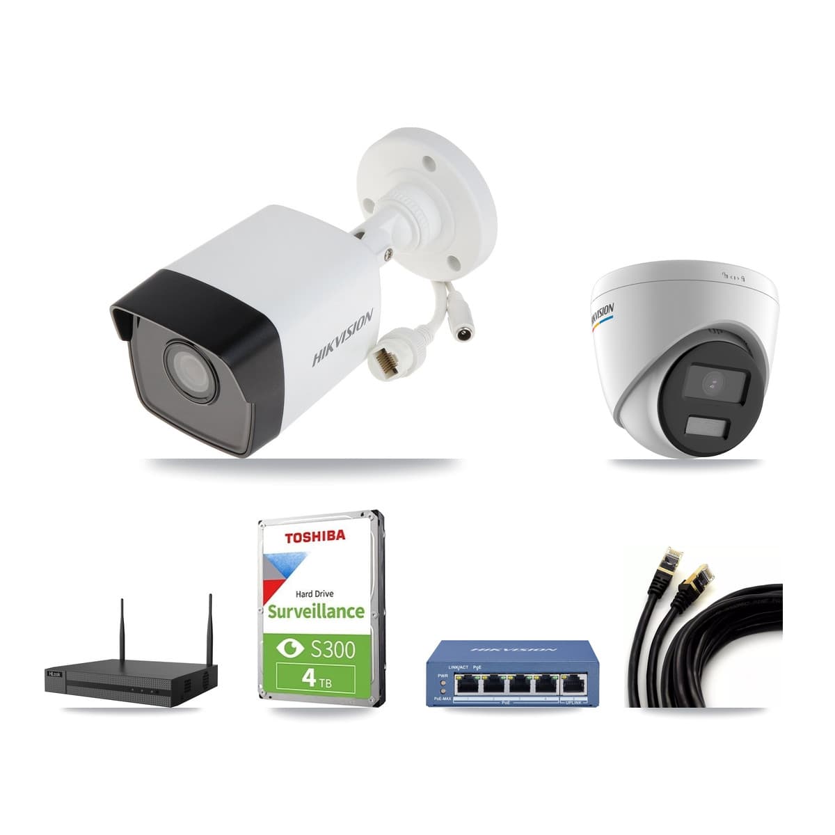 Hikvision & HiLook 4-Channel 2MP – 5MP CCTV Kit — 2 5MP Bullet + 2 2MP Turret Cameras + 4TB Recording