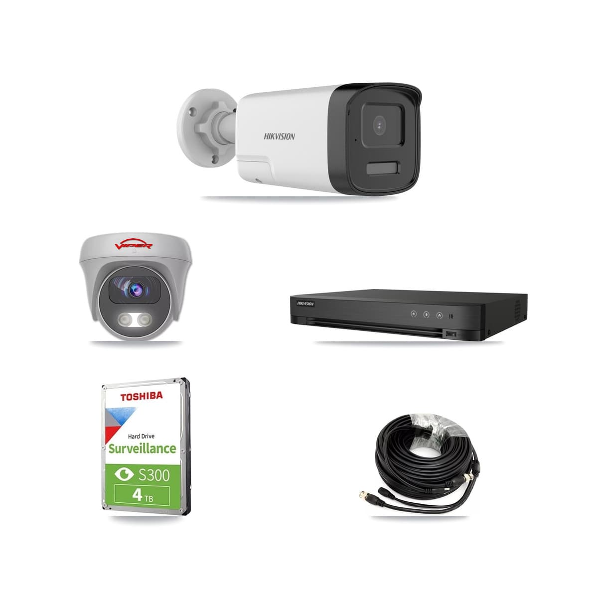 Hikvision & Viper 4-Channel 5MP CCTV Kit — 2 DS-2CE17K0T Bullet + 1 White VIPER-5MP-3K Cameras + 4TB Recording (IDS-7204HQHI Recorder)