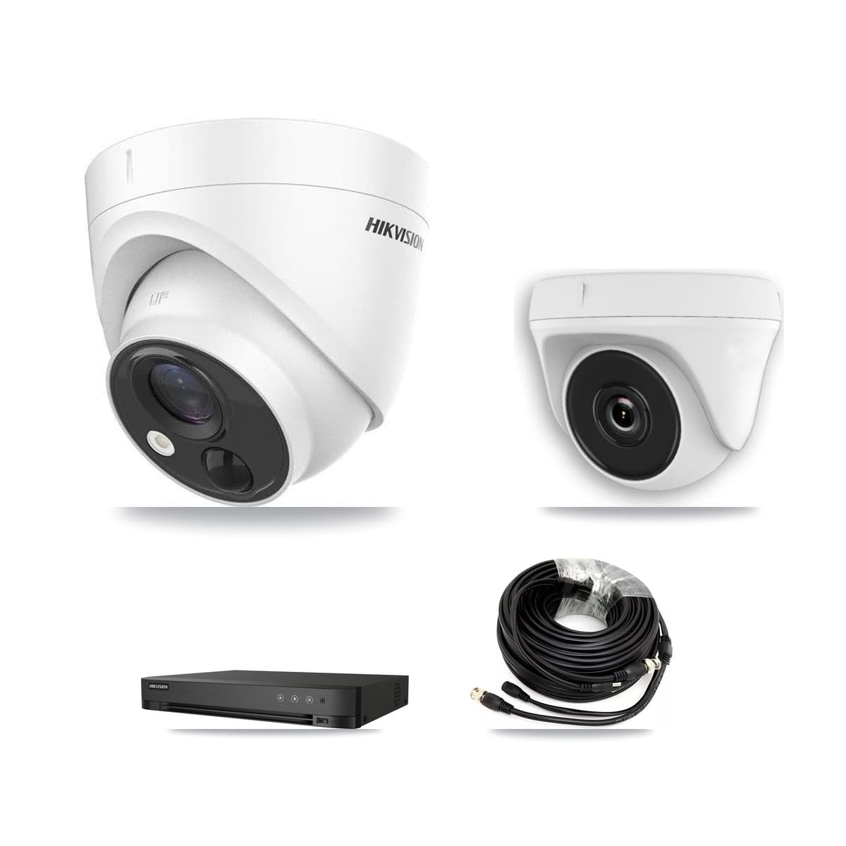 Hikvision 4-Channel 2MP – 5MP CCTV Kit — 2 DS-2CE71H0T 5MP Turret + 1 White HDT-2MP-N20W 2MP Dome Cameras + 3TB Recording (DS-7204HUHI Recorder) - Image 1