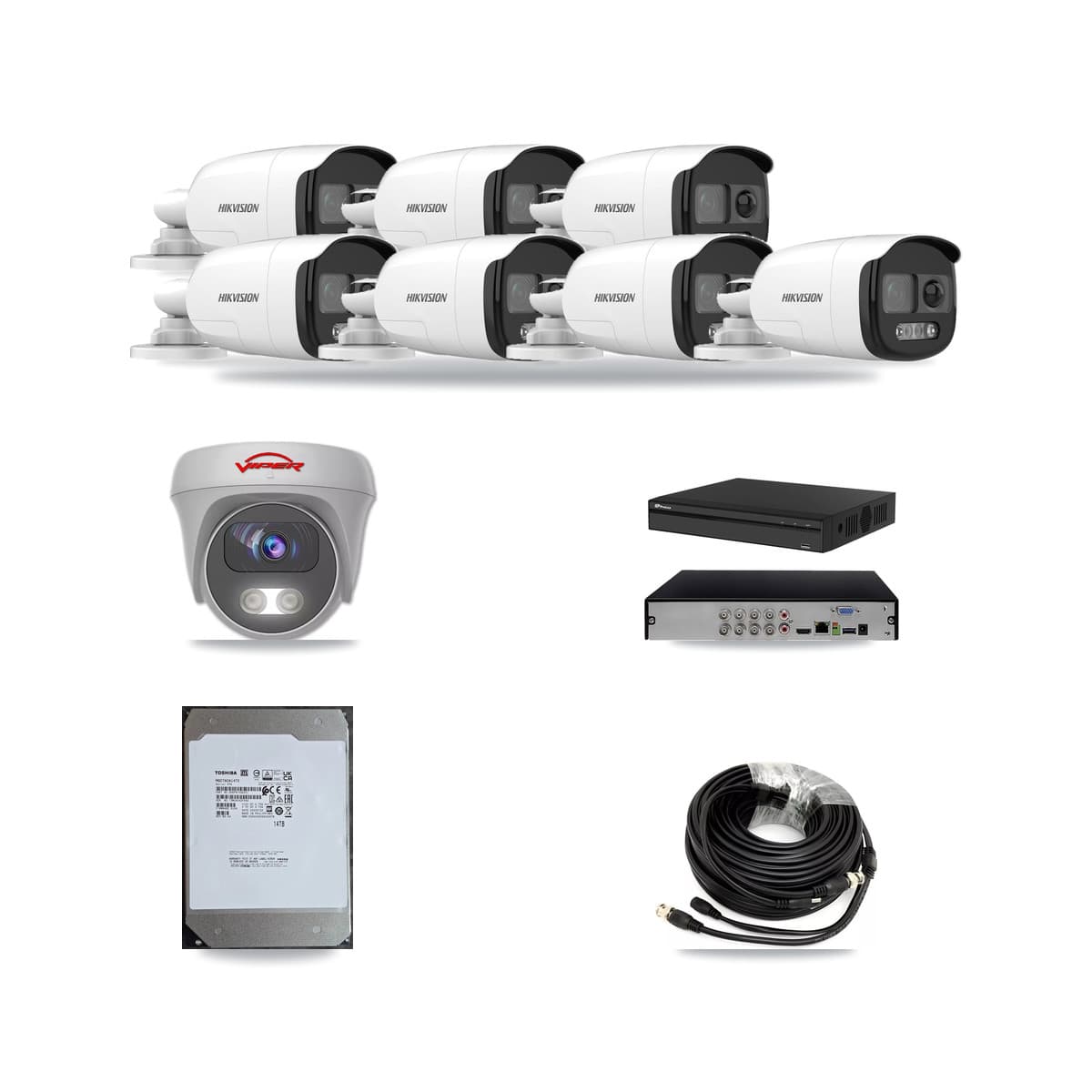 8-Channel 5MP CCTV Kit — 7 DS-2CE12KF3T Bullet + 1 VIPER-5MP-3K Cameras + 14TB Recording - Image 1
