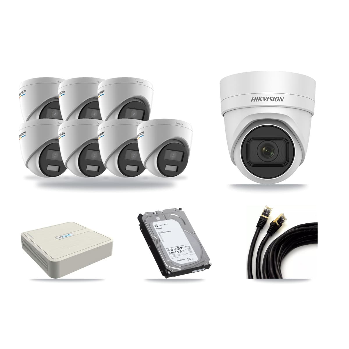 HiLook 8-channel CCTV kit: 8 cameras (7× 2MP Turret + 1× 4MP Turret), 6TB hard drive