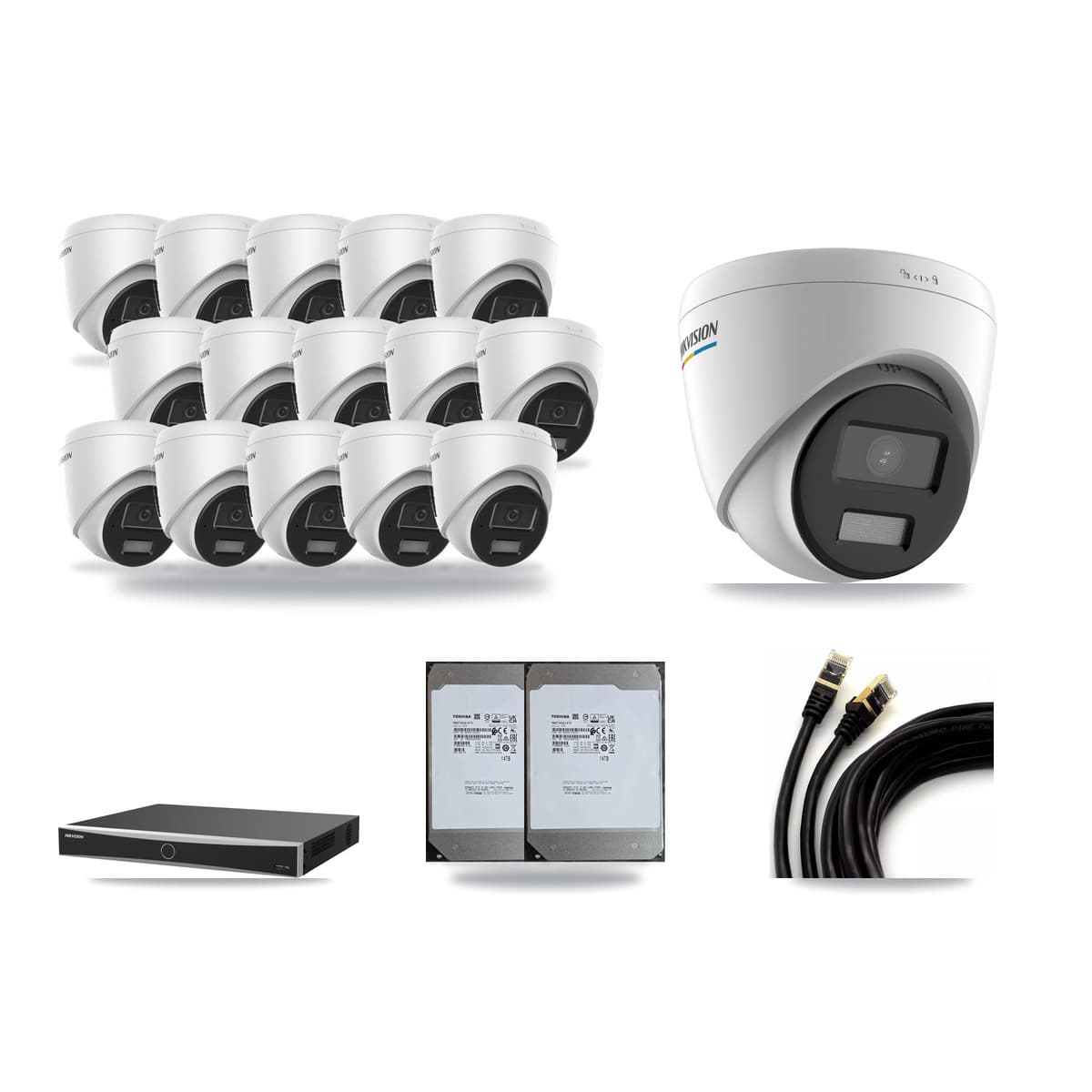 Hikvision 16-Channel 2MP – 4MP CCTV Kit — 1 2MP + 15 4MP Turret Cameras + 2× 14TB Recording (DS-7616NXI Recorder) - Image 1