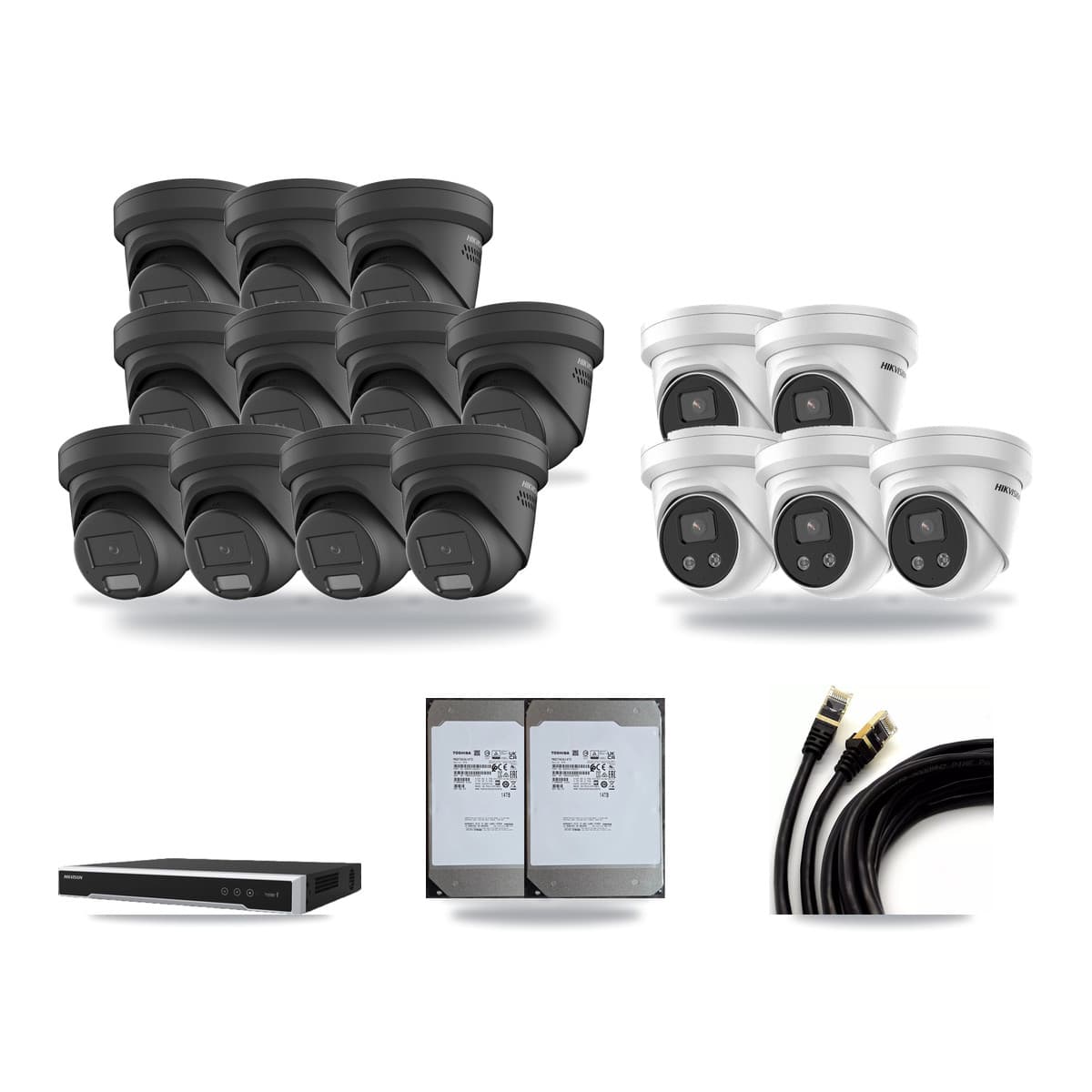 Hikvision 16-Channel 4MP – 5MP CCTV Kit — 11 Black 4MP + 5 5MP Turret Cameras + 2× 14TB Recording (DS-7616NI-M2 Recorder) - Image 1