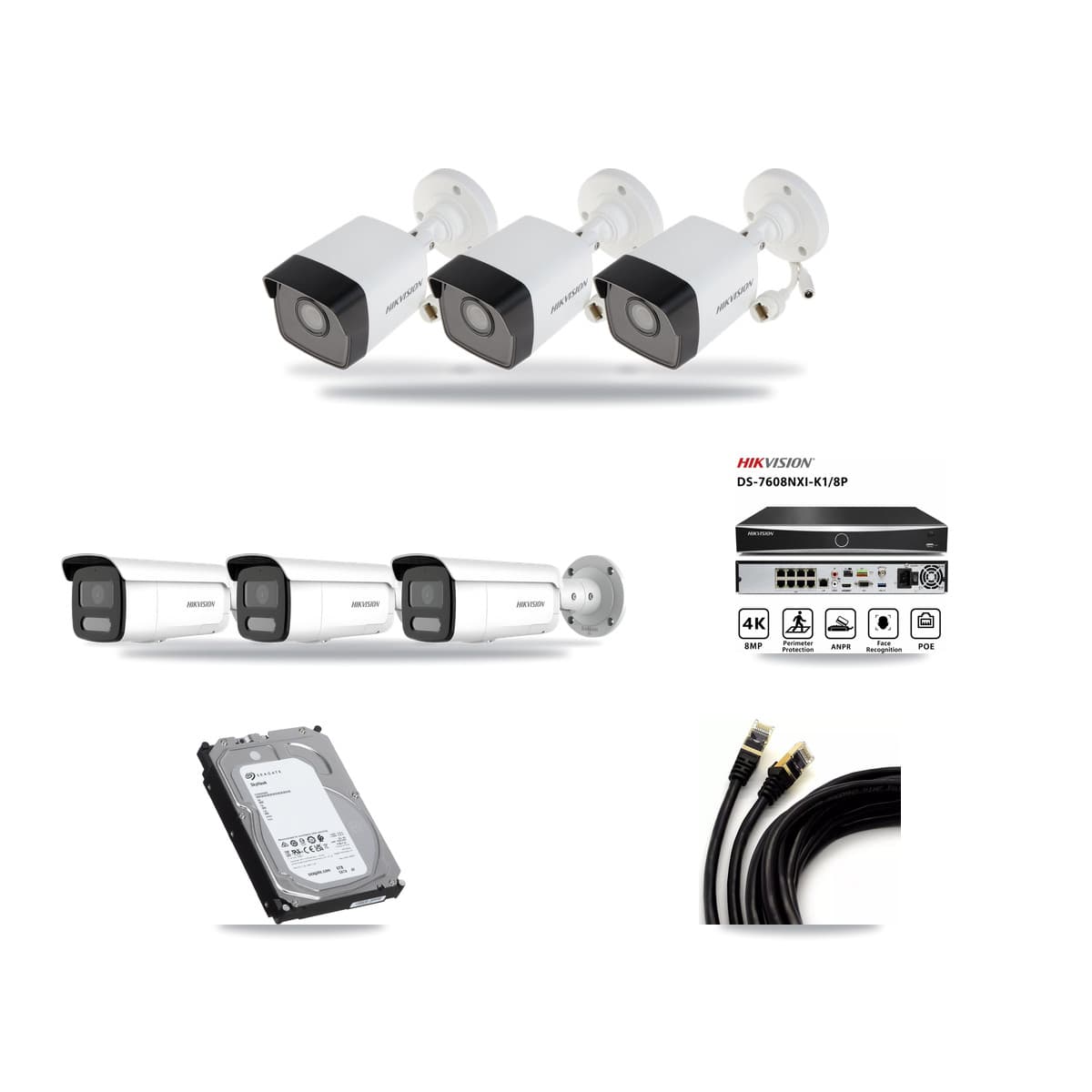 Hikvision 8-Channel 4MP – 5MP CCTV Kit — 3 5MP + 3 4MP Bullet Cameras + 6TB Recording (DS-7608NXI Recorder) - Image 1