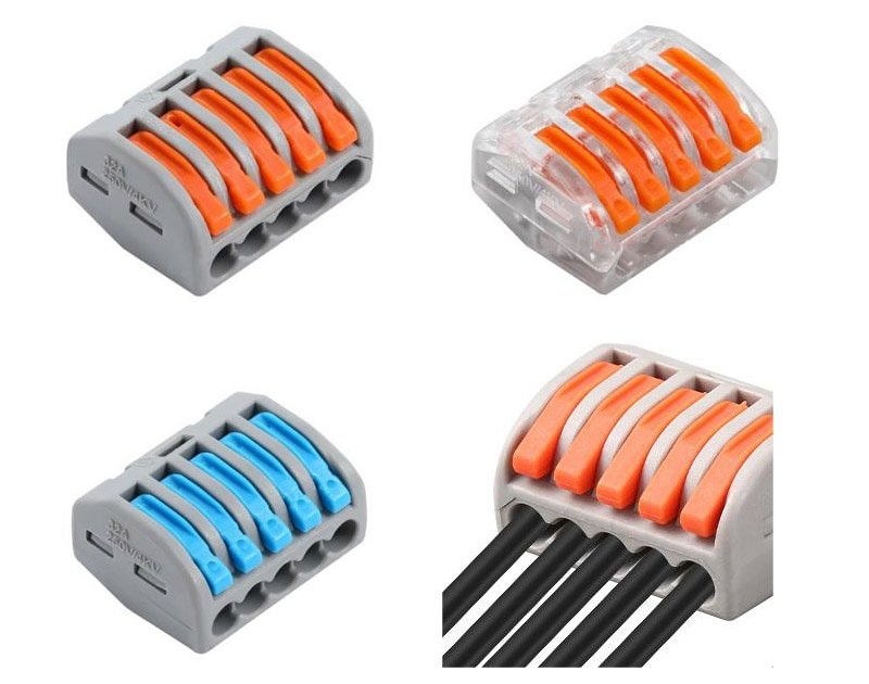 5-way lever connector with copper conductors installed in CCTV power application