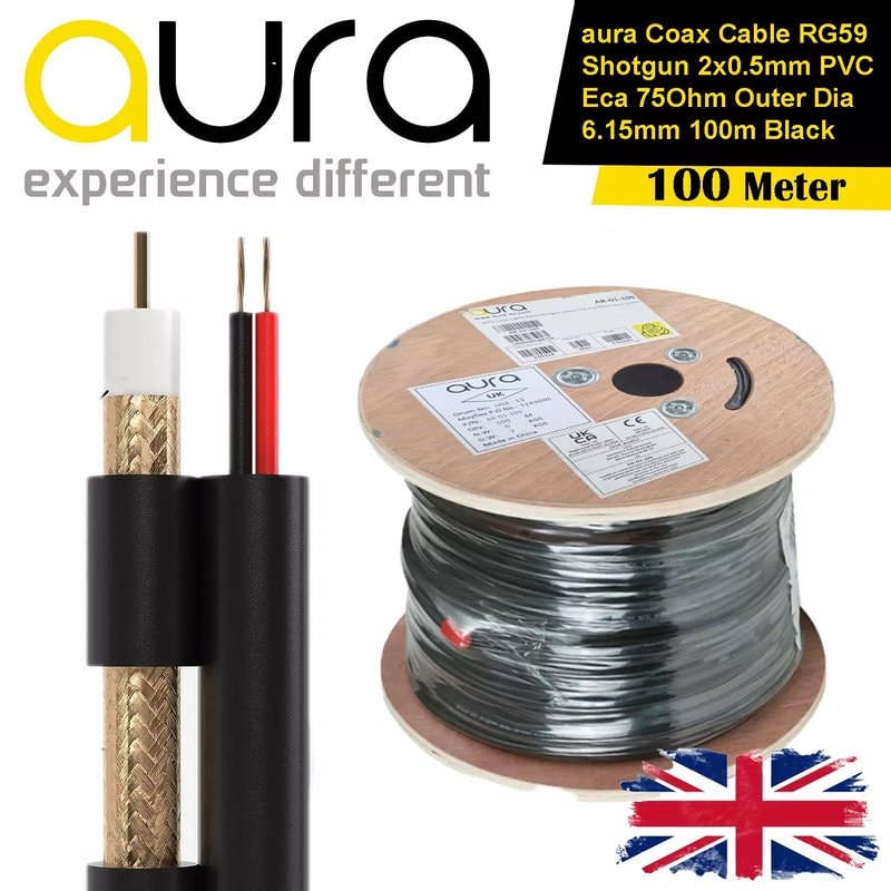 Aura RG59 shotgun cable 100m reel with coaxial and dual power conductors