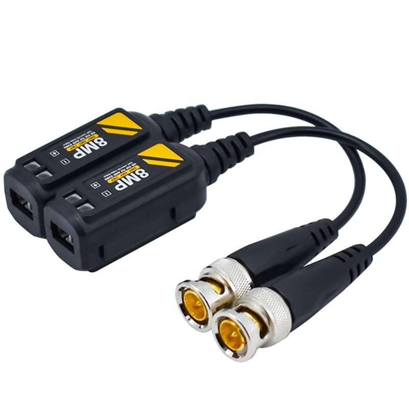 8MP 4K CCTV passive video balun with gold-plated BNC male connectors and RJ45 ports, black screw terminal housing