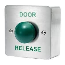 Press to exit button with green dome design and brushed stainless steel faceplate for access control door systems