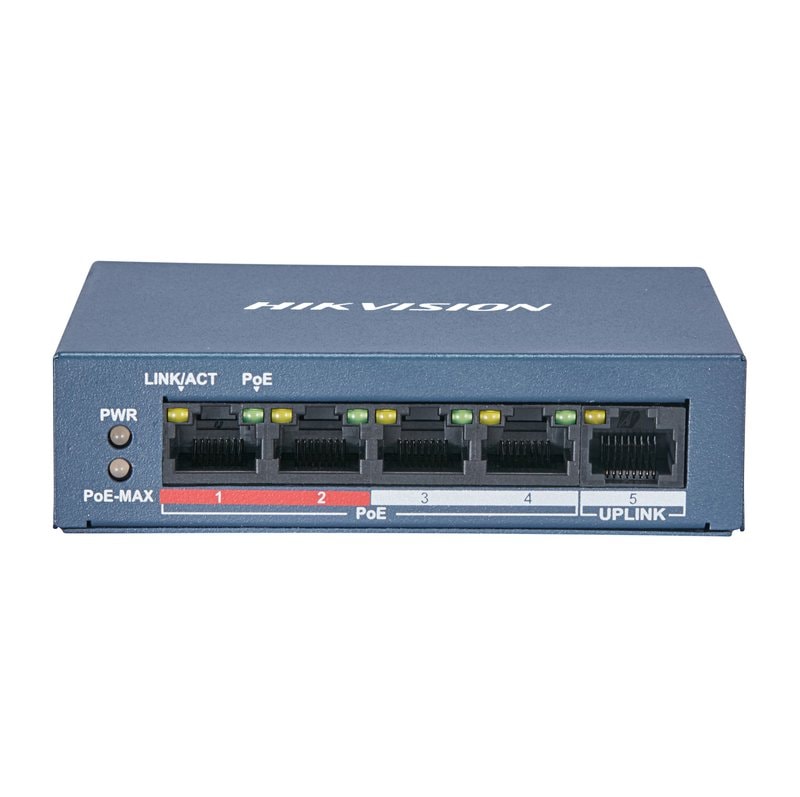Hikvision DS-3E0105P-E/M 5-port Fast Ethernet PoE switch with metal enclosure, front view