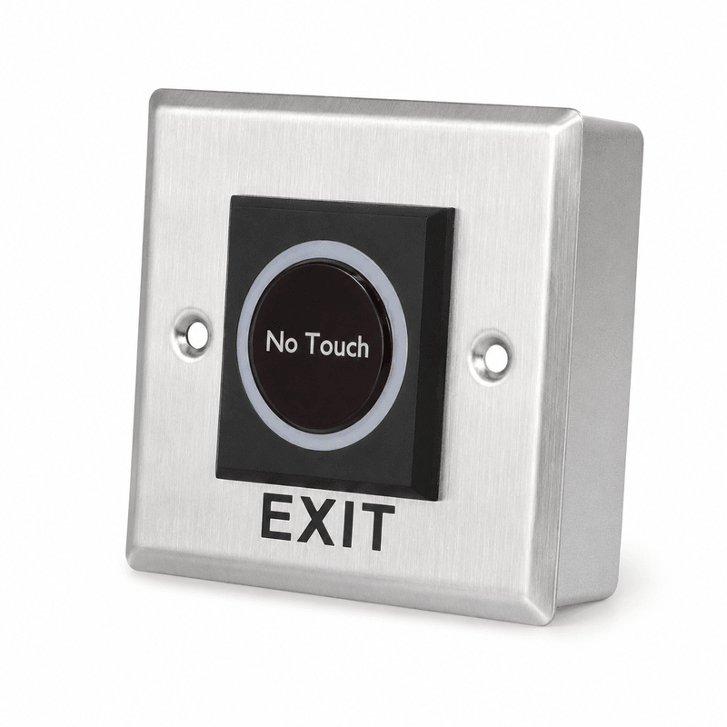 No Touch Exit Button with Backplate, Square - Hands-Free Infrared Door Release Switch with LED Indicator, Surface Mount, Brushed Stainless Steel