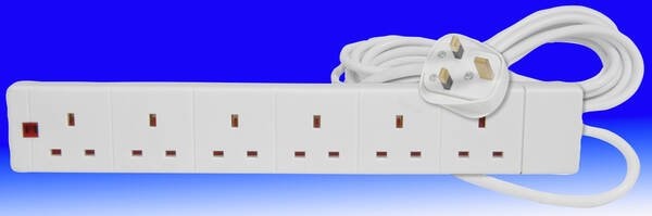 6 way UK mains extension lead with 3m cable and 13A fused plug