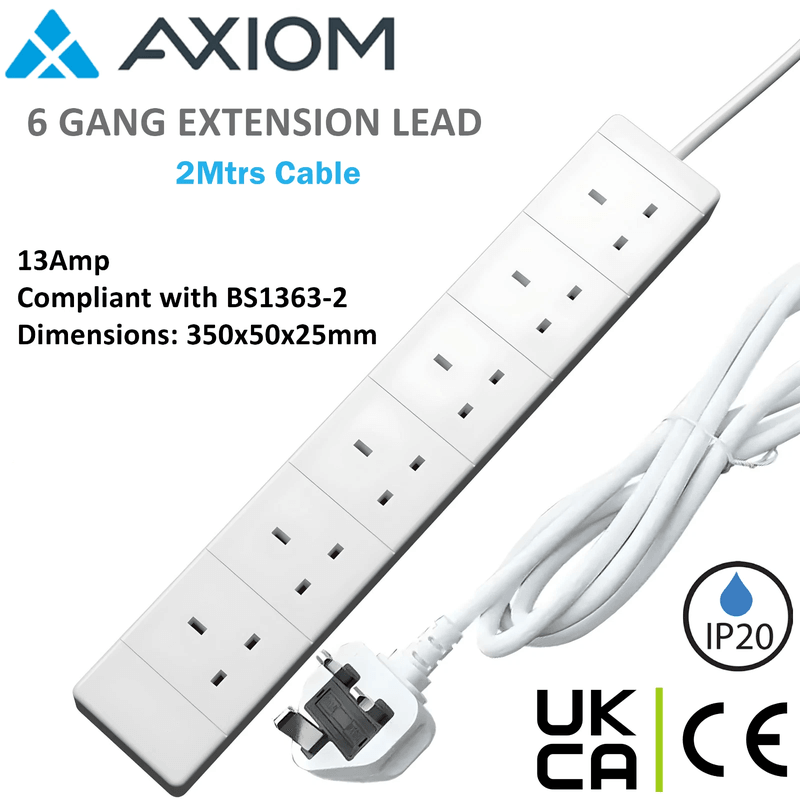 6 Way Power Extension Lead 2m 13A UK Mains Socket Strip