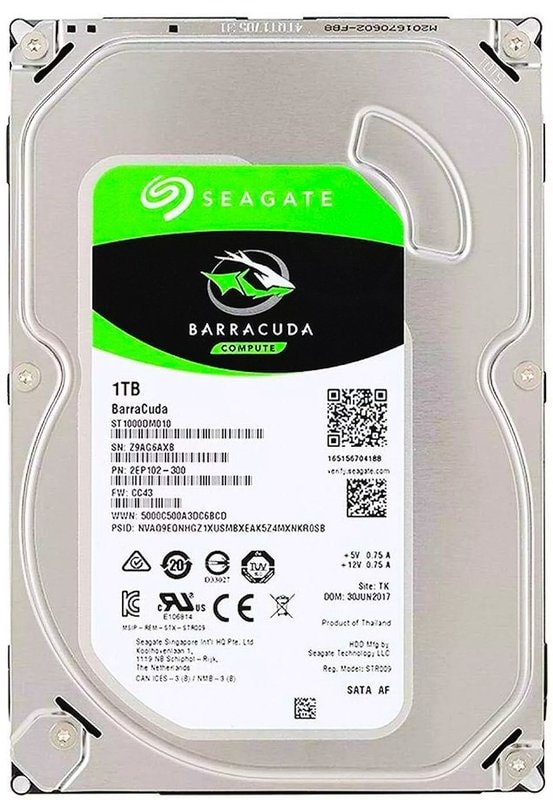 Seagate Barracuda 1TB 3.5-inch SATA hard drive, silver finish, front view