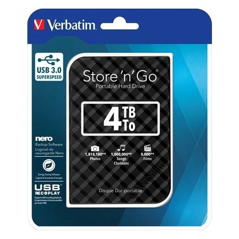 Verbatim Store 'n' Go 4TB portable external hard drive, black finish, 2.5-inch form factor