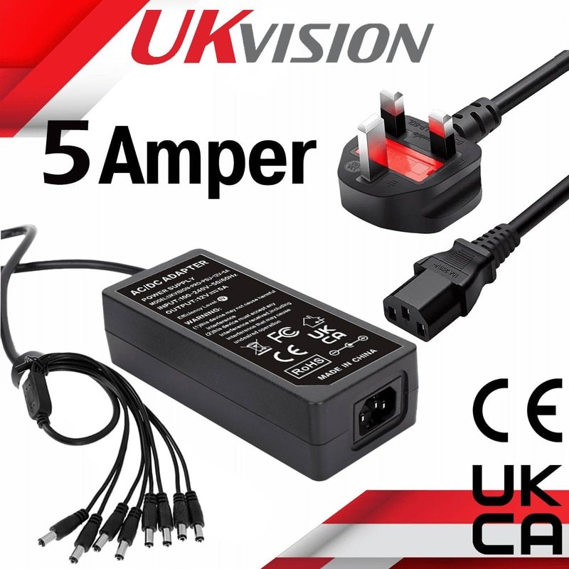 12V 5A Power Supply with Built-in 8-Way Splitter – UK Plug, Boxed