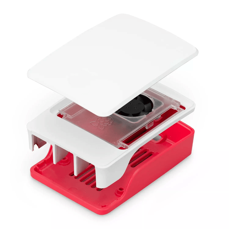Raspberry Pi 5 Official Case red and white ABS plastic enclosure front view