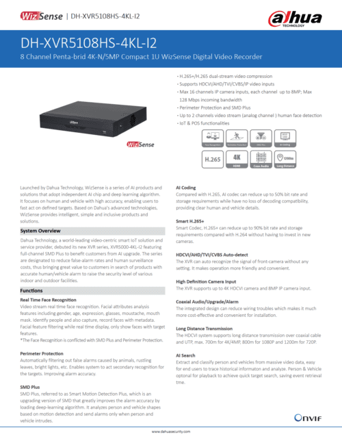 Dahua - 8 Channel Penta-brid 4K 1HDD WizSense Digital Video Recorder (DVR)