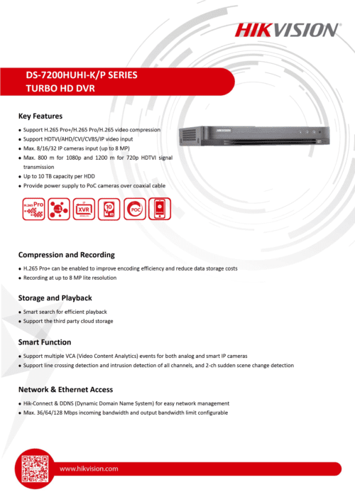 Hikvision - 4 Channel 5MP 1U H.265 PoC Digital Video Recorder (DVR)