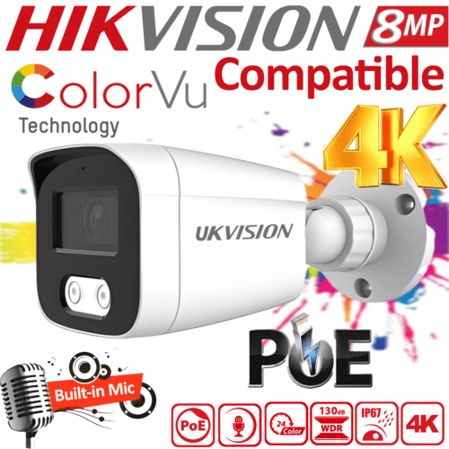 UKVision - 8MP 4K POE Bullet Camera (ColorVu/ Built-in Mic/ Hikvision Compatible)